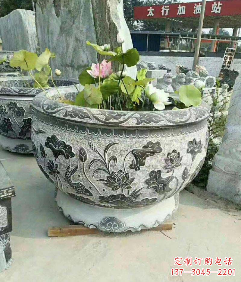 内蒙古仿古石雕荷花水缸——精美的艺术品