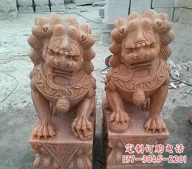 内蒙古晚霞红传统狮子石雕