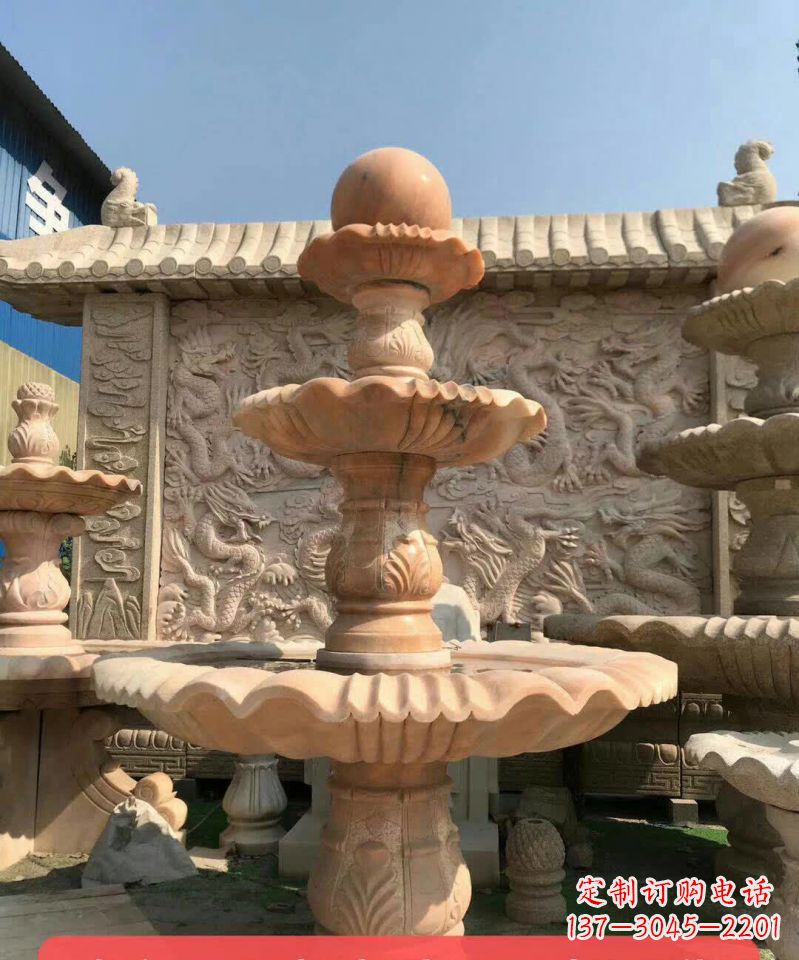 内蒙古晚霞红风水球石雕喷泉