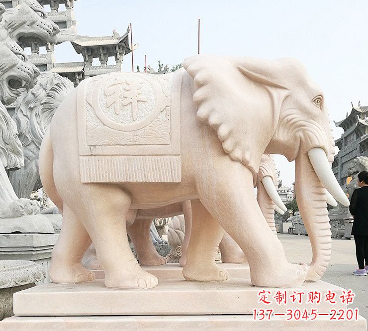 内蒙古晚霞红吉祥如意大象石雕