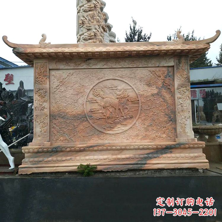 内蒙古晚霞红麒麟影壁墙石雕