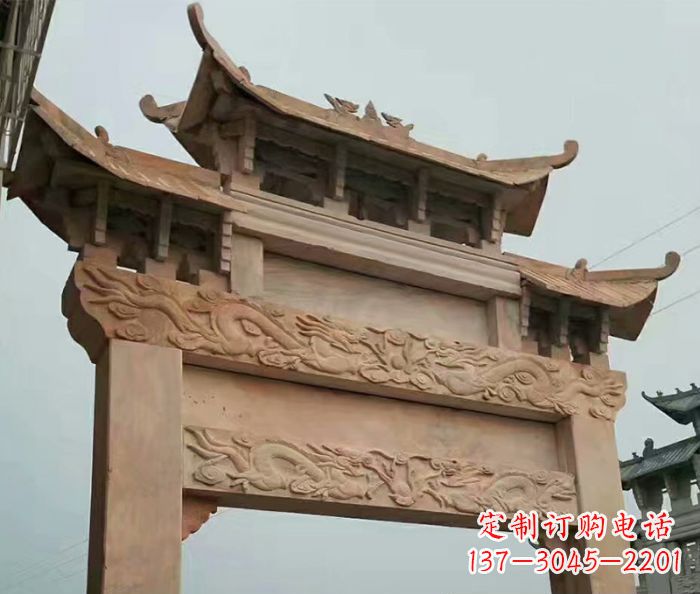 内蒙古晚霞红石雕单门牌坊