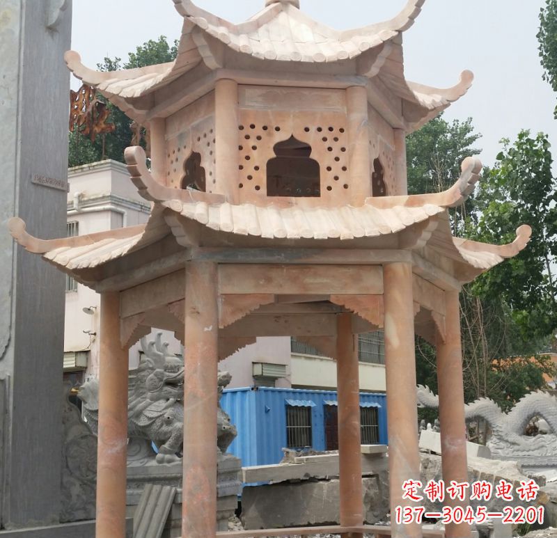 内蒙古晚霞红双层六角凉亭石雕 (2)