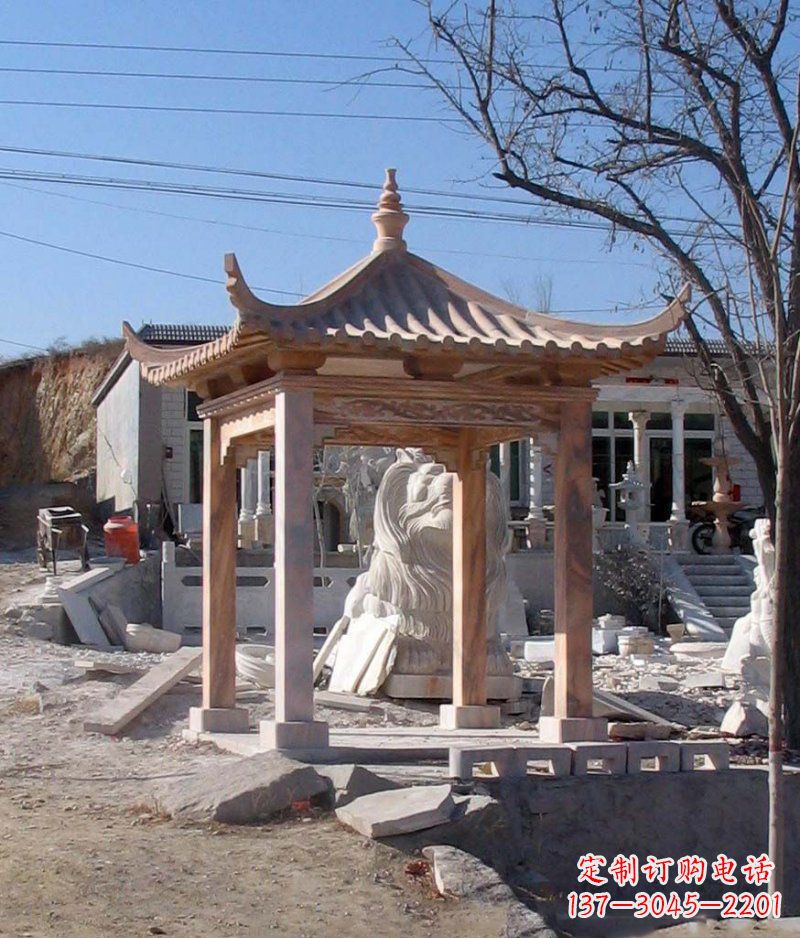内蒙古晚霞红四角凉亭景观石雕
