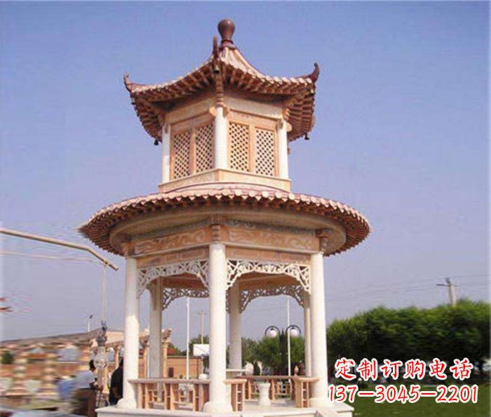 内蒙古园林景观晚霞红双层石雕凉亭 (4)