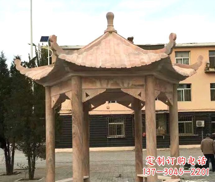 内蒙古园林晚霞红六角石雕凉亭