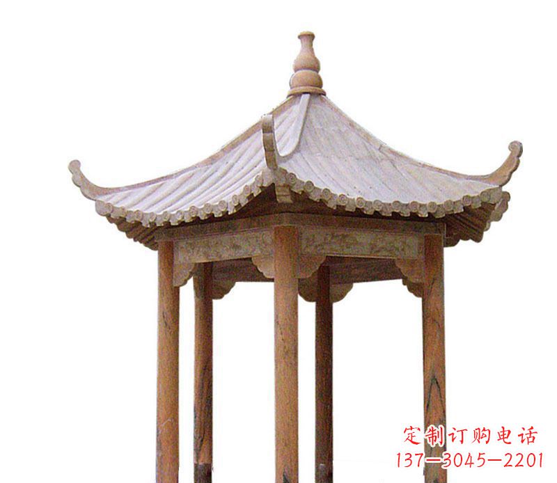 内蒙古园林晚霞红六角石凉亭景观石雕 (2)