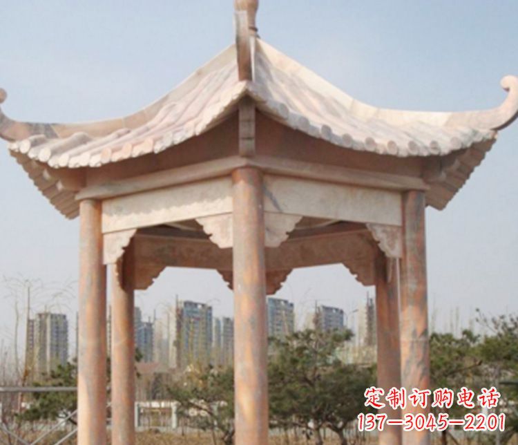 内蒙古园林晚霞红六角石凉亭景观石雕