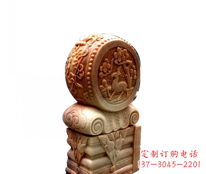 内蒙古招财石门墩晚霞红抱鼓石